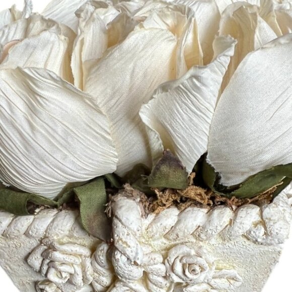 Silk Tea Rose Arrangement Ornate Square 4-Sided Embossed Planter Peach Moss 5" T - Picture 11 of 14